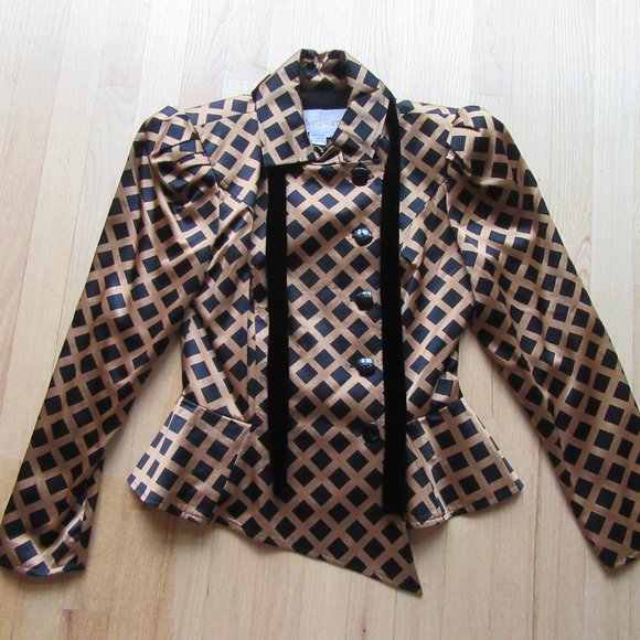 VINTAGE RICHARD WARREN SILK BLOUSE/BLACK + BROWN/TIE/BUTTONS/SIZE 8/HONG KONG! - Picture 1 of 8